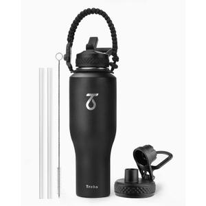 Trebo 40 oz Insulated Water Bottle that Fits in Car Cup Holder, Triple Wall Stainless Steel Water Bottles Insulated, LeakProof,Keep 48 hrs Cold & 24 hrs Hot, Metal Tumbler with Paracord Handle, Straw (Black)