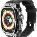 Luxury Translucent Smartwatch Case for Apple Watch Ultra 1/2 49mm, Fully Wrapped Lightweight Rugged case with Band, Silicon Strap, Stainless Steel Buttons, Protective Cover for Men/Women (Black)