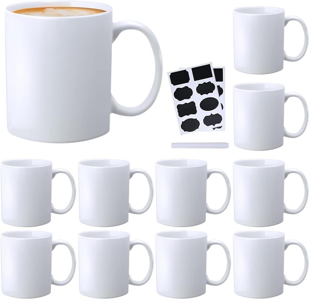 Ceramic Coffee Mug,White Tea Mug,Classic Drinking Cups with Handle,11 OZ Cups Set of 12, for Hot or Cold Drinks like Cocoa, Milk, Tea or Water(Labels)