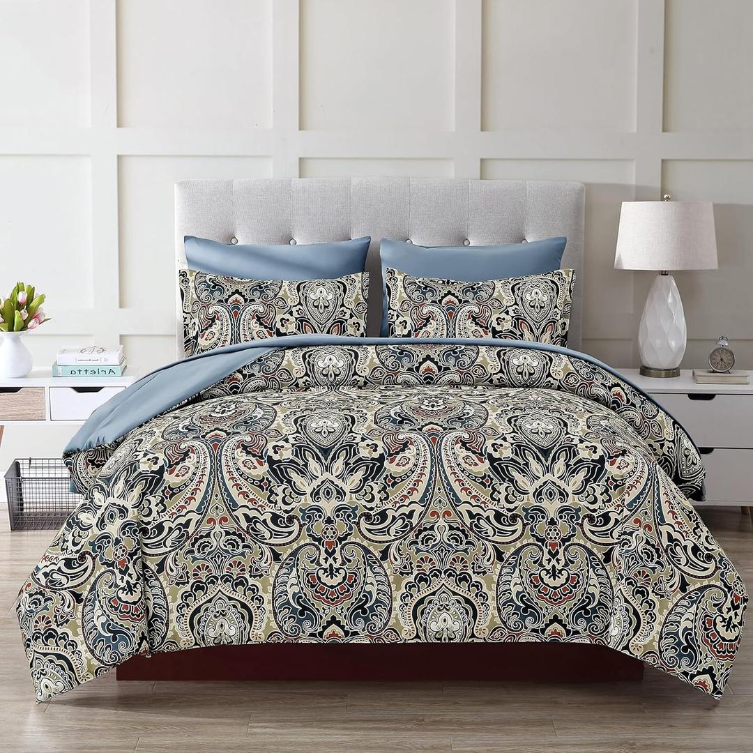 Boho Comforter Set Queen, 7 Pieces Bed in A Bag Comforter Boho Paisley Pattern Bedding Set Soft Microfiber Queen Size (1 Blue Comforter, 1 Flat Sheet, 1 Fitted Sheet, 2 Pillow shams, 2 Pillowcases) Blue 2 Boho Comforter Set Queen, 7 Pieces Bed in A Bag Comforter Boho Paisley Pattern Bedding Set Soft Microfiber Queen Size (1 Blue Comforter, 1 Flat Sheet, 1 Fitted Sheet, 2 Pillow shams, 2 Pillowcases) Blue 2