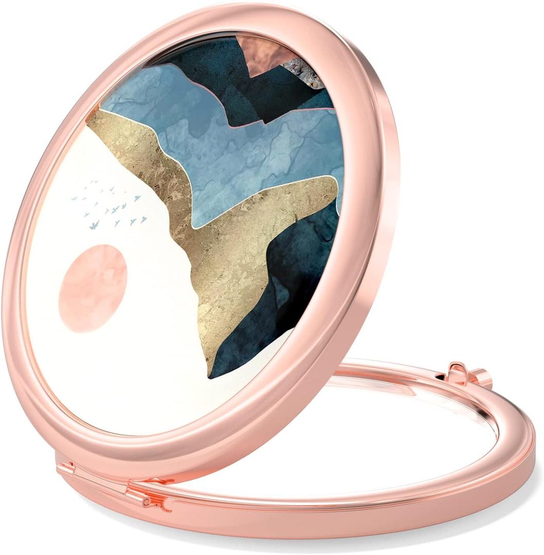 2 x Nipichsha Compact Mirror, Pocket Travel Makeup Mirror, 2 - Sided 2X / 1X Magnification, Small Folding Portable Handheld, 2.75 in Rose Gold, Watercolor Sunrise