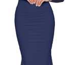BORIFLORS Women's Ruched Bodycon Long Sleeve Maxi Dress Mesh Square Neck Cocktail Party Long Dresses, X-Small, Navy