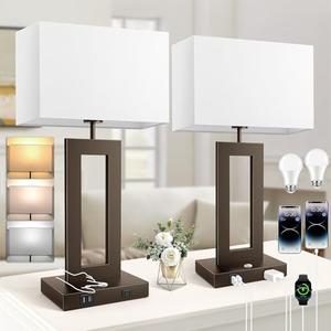 3 Color Temperatures Brown Table Lamps for Bedrooms Set of 2, 22’’ Touch Control Bedside Nightstand Lamps with 2 USB Ports & AC Outlet, Modern Lamp Sets for Living Room, Stepless Dimming, White Shade