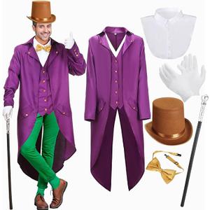 Mepase 6 Pcs Halloween Costume for Adult Men Include Tailcoat Top Hat Scepter Gloves Bow Tie and Collar for Movie Cosplay Large