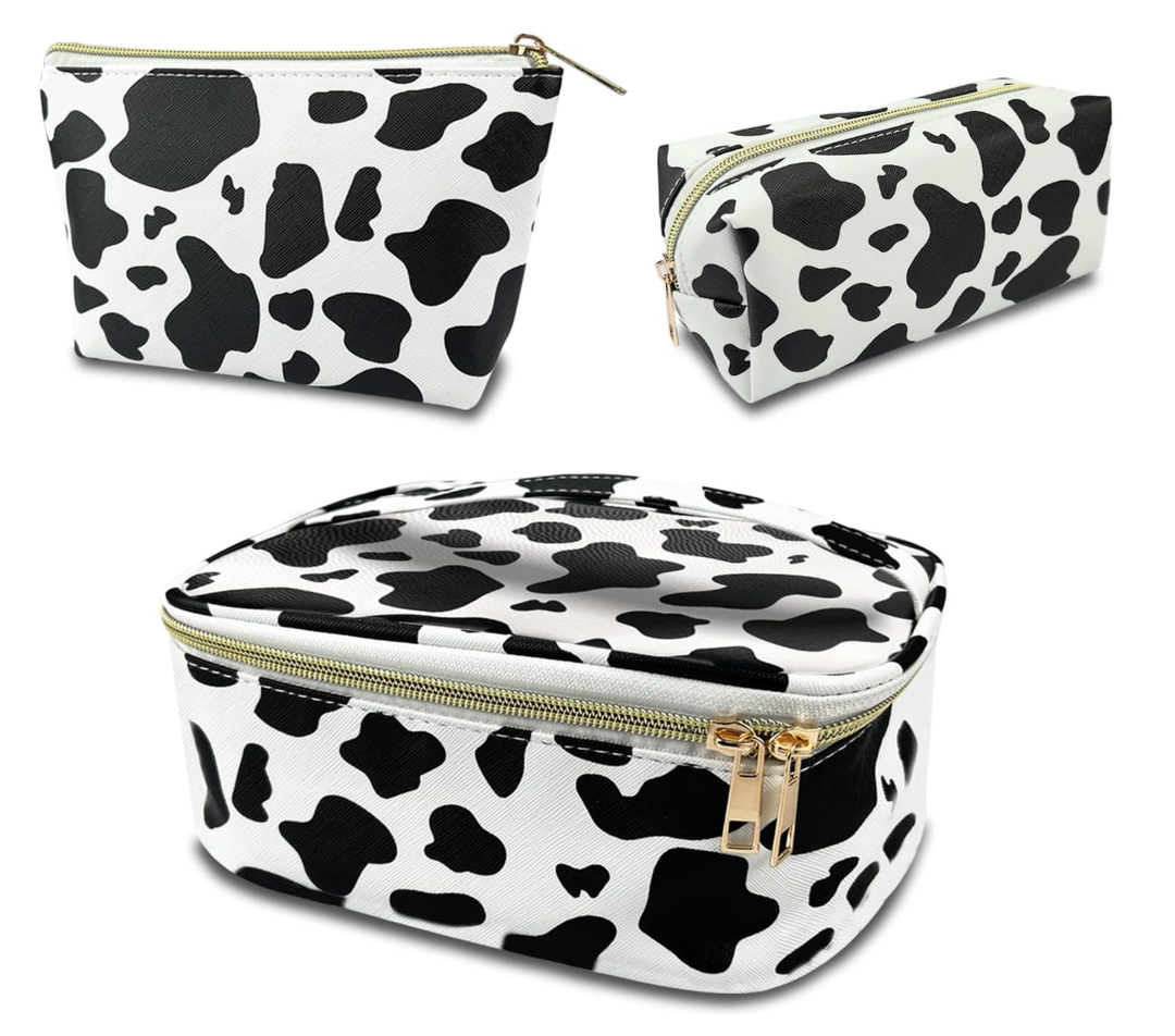 3Pcs Makeup Bag,Travel Makeup Bag,Makeup Bags for Women,Makeup Brush Bag,Large Capacity PU Cosmetic Bag,Waterproof and Durable-Black Cow Pattern