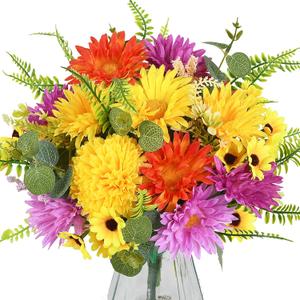 Spring Flowers Artificial Chrysanthemum Flowers Yellow Silk Flower Arrangement Fake Mums Indoor for Home Table Centerpieces Wedding Cemetery Kitchen Decor (12.5") (Colorful)
