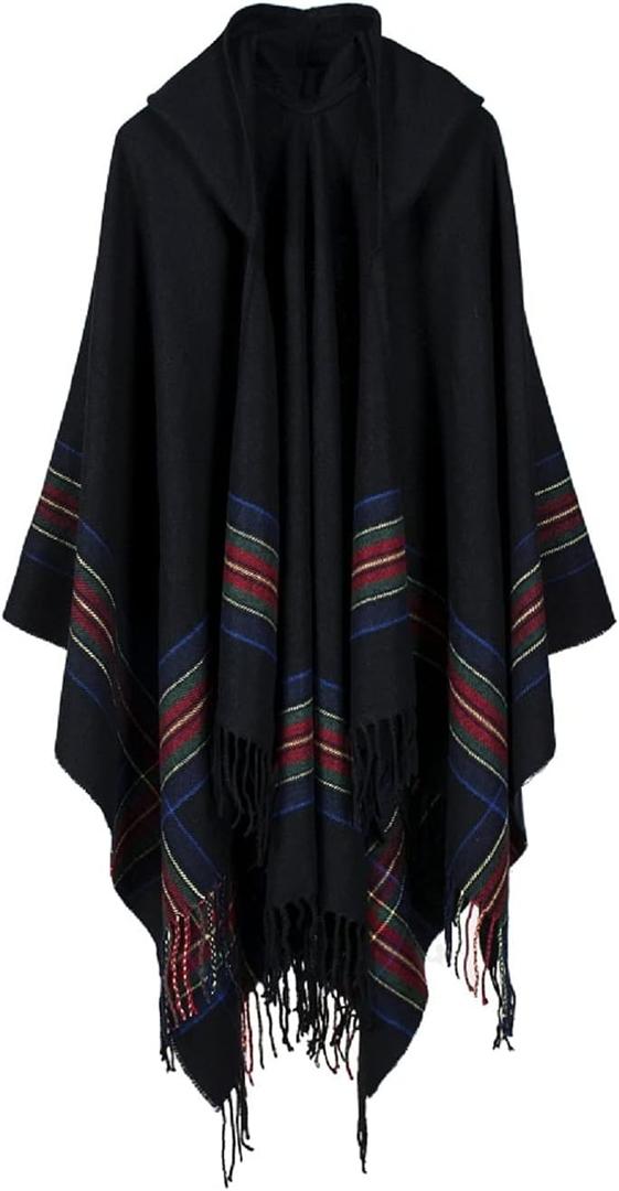 Bakerdani Poncho Capes with Hood Pashmina Cardigans Blanket Shawls with Tassels (One size:130*150cm, Black)