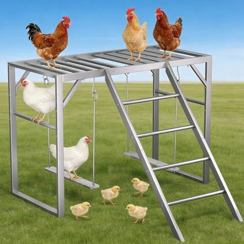 Chicken Swing Perch Set with Ladder - Backyard Chicken Coop Gym for Enrichment, Exercise, and Rest, Durable Metal Frame with Composite Wood Silvery