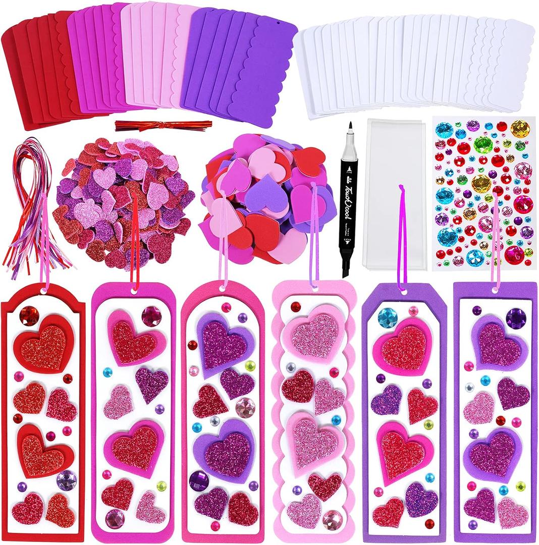 Winlyn 24 Sets Valentine's Day Decorations DIY Heart Bookmarks Valentine Craft Kits Blank Foam Bookmarks with Assorted Hearts Stickers for Kids Classroom Activities Reading Party Favors Gift Exchange