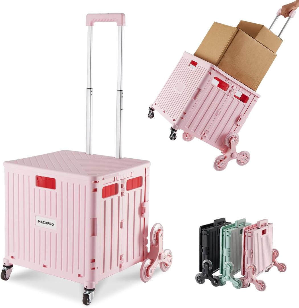 MACOPRO Foldable Utility Cart with Stair Climbing Wheels, Collapsible Rolling Crate with Telescoping Handle, Folding Shopping Trolley Handcart Grocery Book File Tool Teacher Storage Basket (Pink)