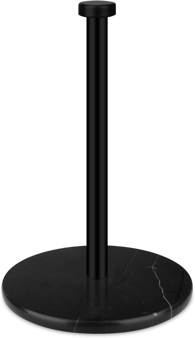 Paper Towel Holder Countertop with 7" Weighted Black Marble Base - Modern Free Standing Paper Roll Holder, Matte Black Stainless Steel Stand Paper Towel Holder for Kitchen and Bathroom