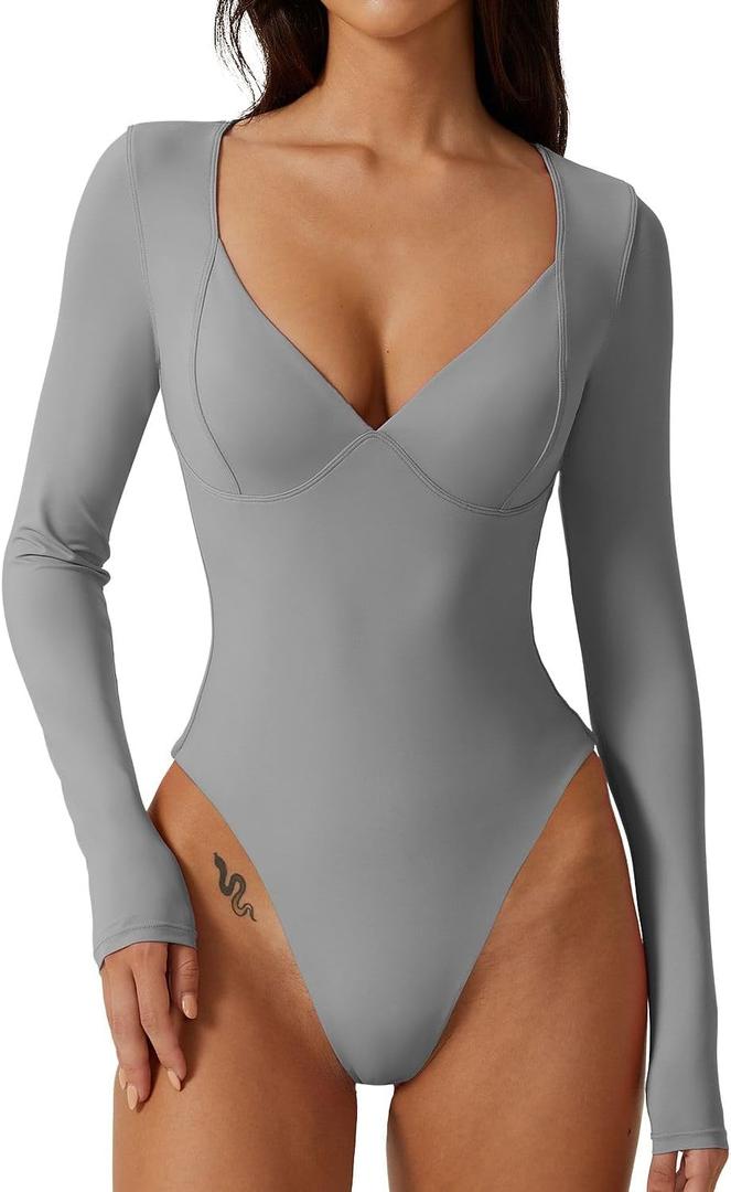 QINSEN Women's Long Sleeve Bodysuit V Neck Body Suits Seamed Cup Going Out Tops Shirt (Gray, XL)
