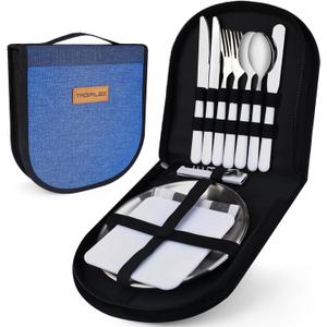 Camping Mess Kit,12 Piece Silverware Kit Cutlery Organizer Utensil Picnic Set, Stainless Steel Plate Spoon Fork Serrated & Butter Knife Wine Opener NapkinCamp Kitchen & Hiking