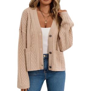 GREAIDEA Women's Fall Chunky Knit Open Front Sweaters Long Sleeve Button Cardigan 2025 Loose Short Outerwear Coats (X-Large, Apricot)