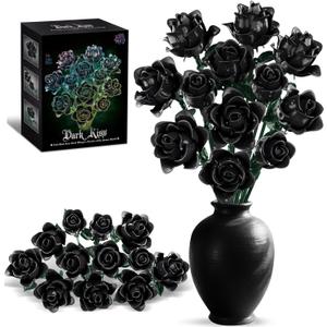 Black Roses Bouquet Building Set, 12 Artificial Flowers Botanical Collection Gothic Home Decor, Compatible with Lego, Unique Halloween Valentine's Gifts for Adults Women Girls 14+ (585 PCS) No Vase