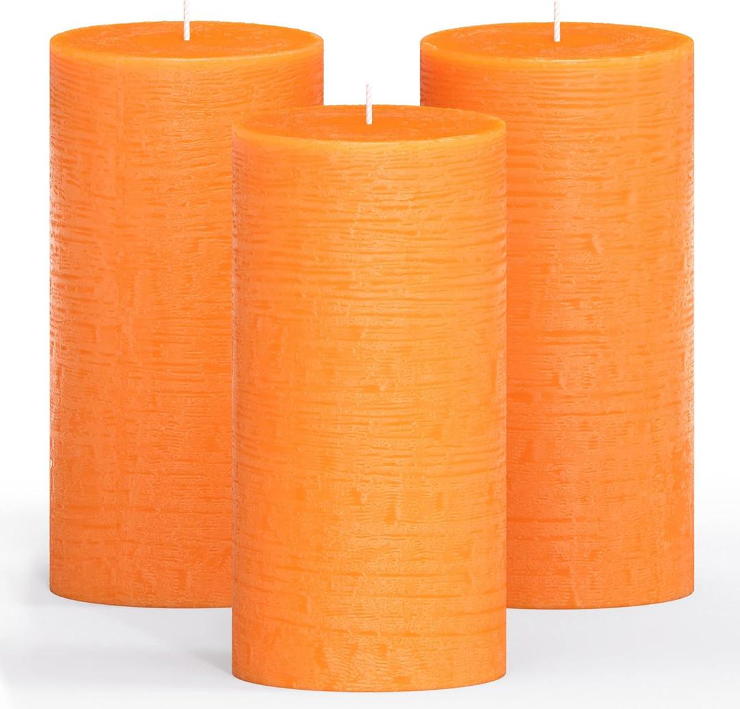 CANDWAX Large Pillar Candles 3x6 Inch  Set of 3 Unscented Dripless Orange Candles, Long Burning for Home Interior, Weddings, Home Decor