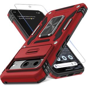 DEERLAMN Case for Google Pixel 8 with Slide Camera Cover+Screen Protector (1 Pack), Rotated Ring Kickstand Military Grade Shockproof Heavy Duty Protective Cover-Red