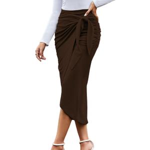 Women Ruched Pencil Skirt High Waist Wrap Tie Front Asymmetrical Long Maxi Skirts Bodycon with Slit (Medium, Brown)
