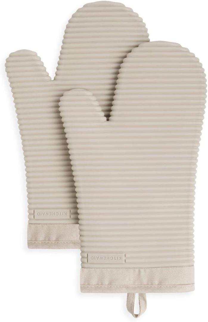 KITCHENAID Ribbed Soft Silicone Oven Mitt 2-Pack Set, 7.5"x13", Milkshake