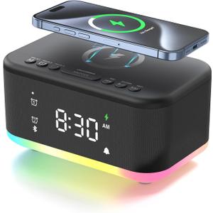 Wireless Charging Alarm Clock Bedroom, Loud Digital Alarm Clocks Bedrooms, Alarm Clock Night Light Speaker 8W Snooze Dual Alarm 12/24H Adjustable Brightness Dimmer Bluetooth, Black