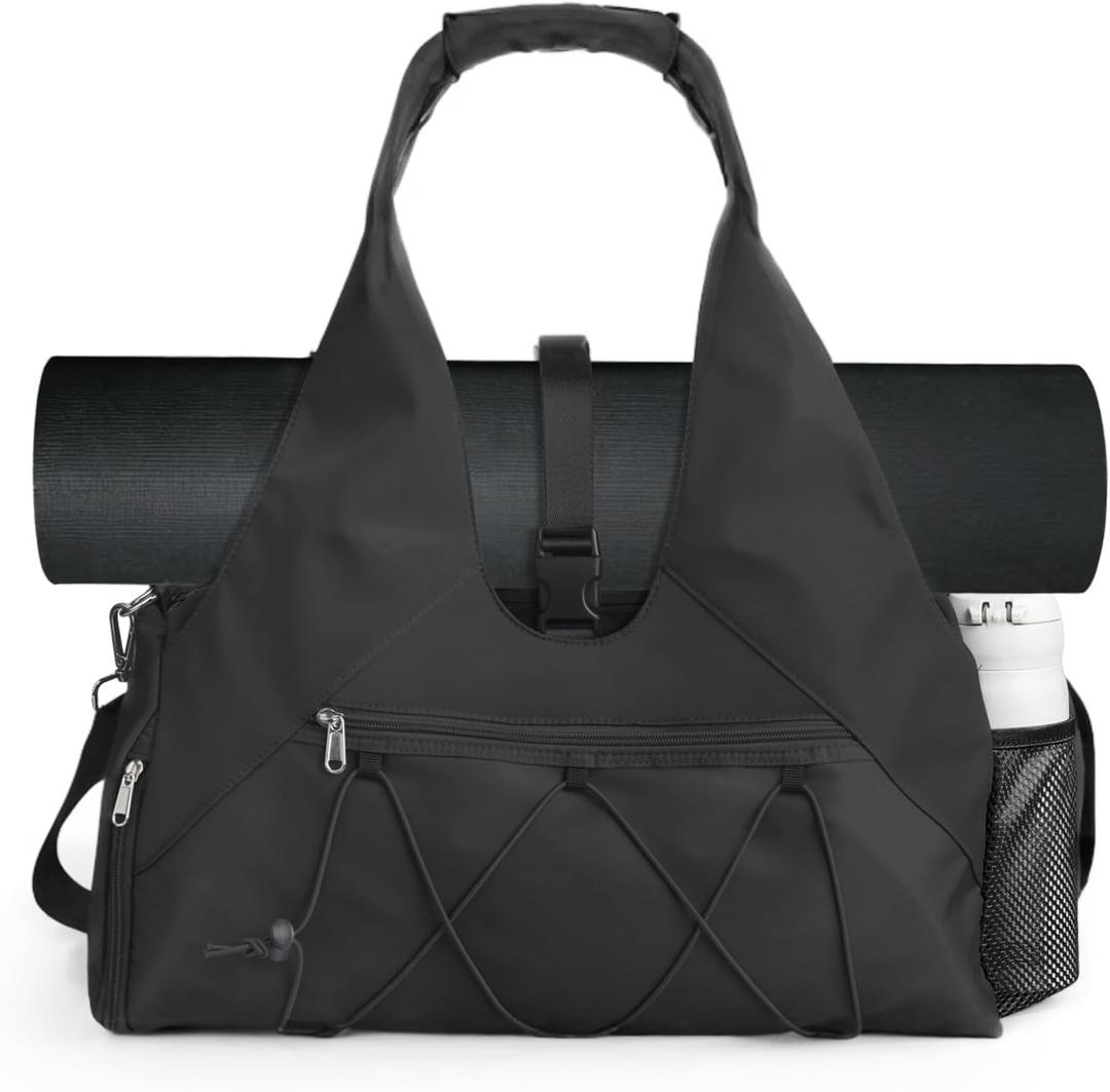 Forestfish Gym Bag For Women With Yoga Mat Holder & Shoe Compartment & Wet Dry Storage Pocket & Adjustable Strap, Black