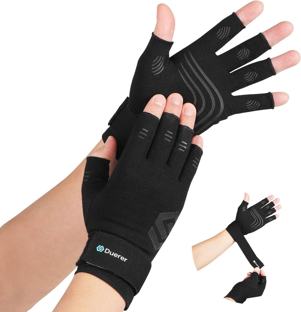 Duerer Arthritis Compression Gloves with Straps, Women Men for RSI, Carpal Tunnel, Rheumatoid, Tendonitis, Hand Pain, Hand Support. Fingerless Gloves for Computer Typing and Daily work (Black, XL) (XLarge (1 Pair))