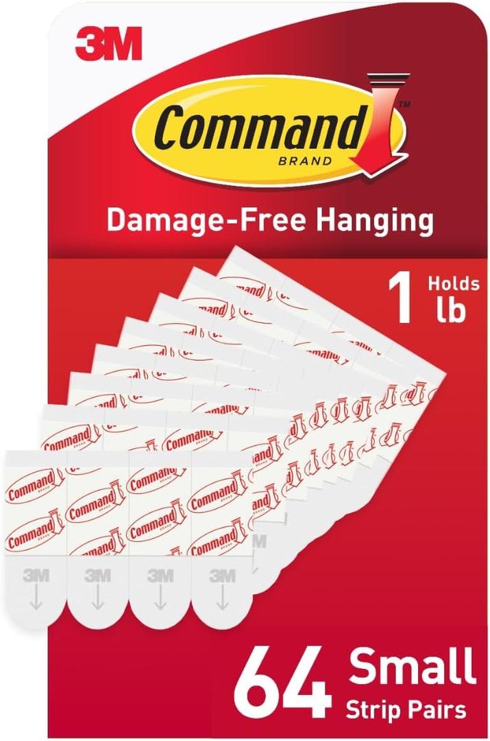 Command Indoor Small Replacement Strips, 64 Strips, Damage-Free Wall Hanging, Re-Hang Small Hooks for Home and Wall Decor, Holds up to 1 lb, White Adhesive