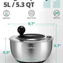 Stainless Steel Salad Spinner with Storage Lid, 5.3 Qt, BPA-Free, 4-in-1 Multi-Functional Lettuce Spinner, Fruit & Vegetable Washer, Easy Clean, Stop Button, Non-Slip Base