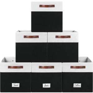 FinishingBo 6-Pack Storage Cubes with Handles & Label Holders Basket, Closet Cube Home Organizer Bins(White/Black, 13 x 13 x 13 inch)