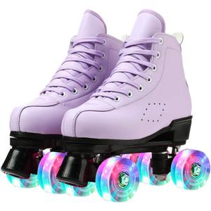 Roller Skates for Women and Men Cowhide High-Top Shoes Classic Double-Row Roller Skate Four-Wheel Roller Skates for Men Girls Unisex (34=US:4, purple flash)