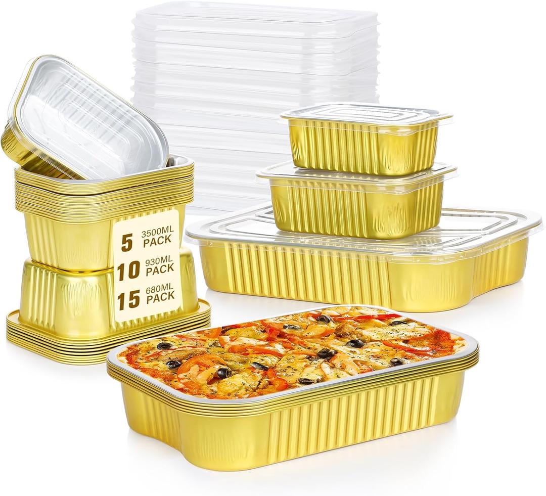 tchrules 30 Pack Foil Pans With Lids, Aluminum Foil Pans with Lids, Disposable Foil Pans with PP Covers for Cooking, Heating, Storage, BBQ (9x13in*5 7x5in*10 6x4in*15) (Three sizes)