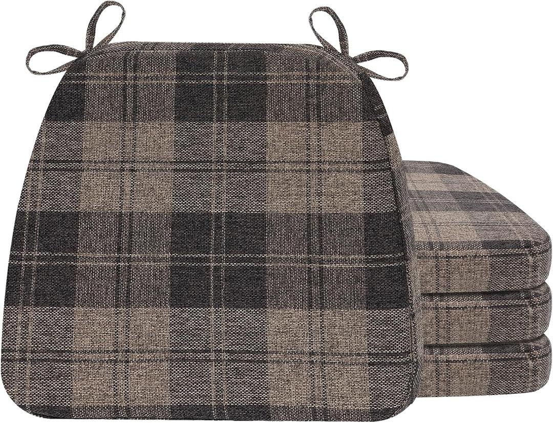 AAAAAcessories D-Shaped Chair Cushions, 2" Thick Dining Chair Pads with Ties and Removable, Machine-Washable Cover, 17" x 16", Set of 4, Brown Checkered