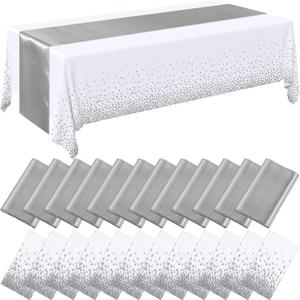 Breling 24 Packs White and Silver Disposable Plastic Tablecloths and Satin Table Runner Set, 54 x 108 Inch Tablecloth, 12 x 108 Inch Table Runners for Wedding Graduation Birthday Baby Shower