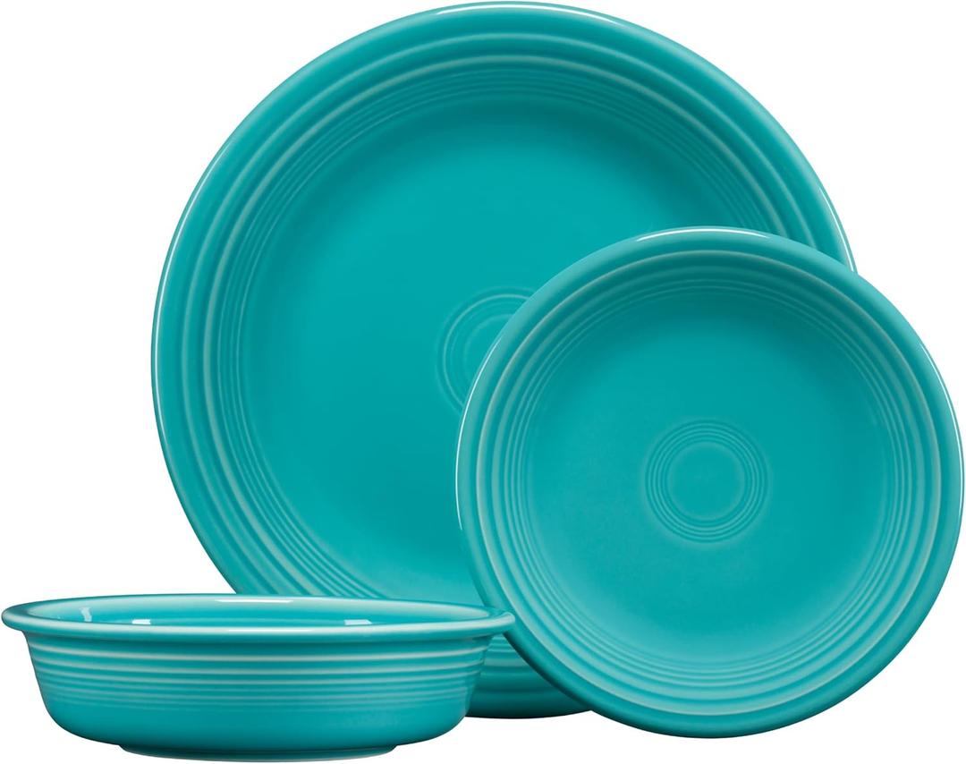 Fiesta Classic Rim 3-Piece Dinnerware Set  Durable Ceramic, Lead-Safe, Dishwasher/Microwave/Oven Safe  Made in USA Dinnerware - Turquoise