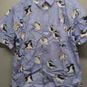 Mens Aloha Hawaiian Shirt Flamingos Penguin Printed Tropical Novelty Casual Short Sleeve Beach Wear, Large , Blue 