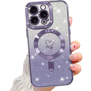 NITITOP Compatible with iPhone 15 Pro Case Cute Clear Glitter [Compatible for MagSafe] Plating Heart Sparkle Bling Magnetic Girl Women Electroplated Frame Camera Protection Back Cover - Purple