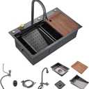 30"Kitchen Sink with Faucet Combo Waterfall Black Stainless Steel Waterfall Sink Kitchen Countertop Multi-Functional Sinks Farmhouse Undermount or Countertop Drop in