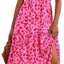 MASCOMODA Summer Maxi Dresses for Women 2026 Casual V Neck Puff Short Sleeve Smocked Flowy Beach Boho Long Floral Dress (Large, F-rose Red)