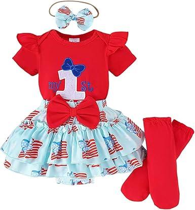 Baby Girls 4th Of July Outfit Short Sleeve Embroidery Letters Romper With Stars Shorts Tulle Dress Cute Summer Outfit 6-9M