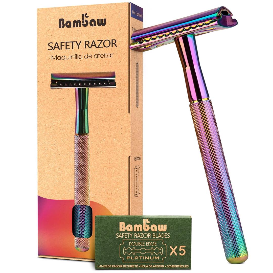 Bambaw Double Edge Safety Razor with 5 Safety Razor Blades, Women & Mens Safety Shaving Razor, Reusable Razor, Plastic Free  Rainbow
