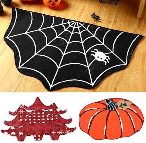 Duraaamo 4 Pcs Christmas Holiday Bath Mat Set Christmas Tree Snowflake Area Rugs Pumpkin Spider Web Non Slip Rugs Machine Washable Welcome Door Mat for Christmas Bathroom Bedroom Decor