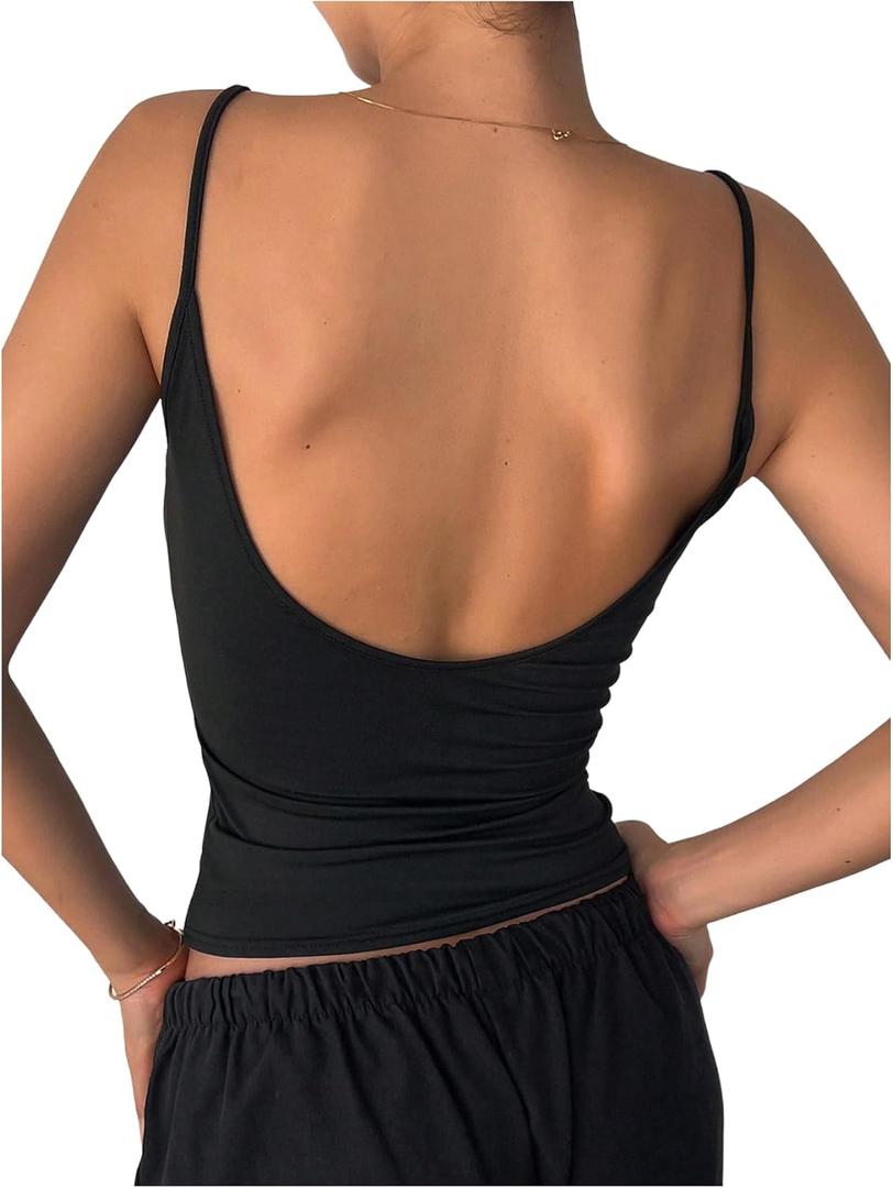 SHENHE Women's Spaghetti Strap Camisole Crop Tops Open Back Slim Fit Tank Top (Medium, Black)