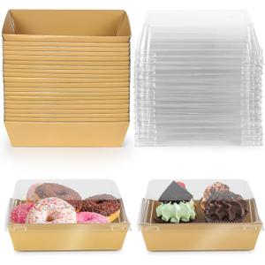 Charcuterie Boxes 20 Pack with Clear Lids, Square Disposable Paper Food Containers to Go Bakery Boxes for Strawberries, Cake Slice, Desserts, Donuts, Party, Wedding, Outdoors and Home Use (Gold)