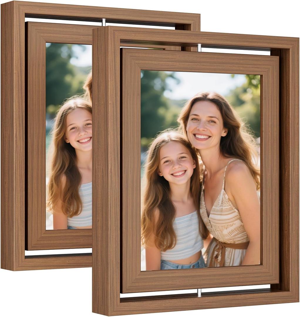 2 Pack 5x7 Walnut Rotating Floating Picture Frames, Double-Sided Solid Wood Photo Frame with HD Glass, Shatterproof, Fade Resistant, UV Protection, Vertical or Horizontal Tabletop Display