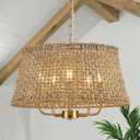 Hand-Woven Rattan Chandelier Vintage Farmhouse Boho Bamboo Chandeliers Light Fixture Retro Drum Wicker Rattan Gold Chandelier for Dining Room, Kitchen, Living Room