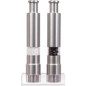 Salt and Pepper Grinder Set, Pump & Grind Peppermill, 2 Refillable Stainless Steel Mills with Thumb Press, One-Handed Salt and Pepper Grinder with Clear Acrylic Stand for Kitchen and Dining