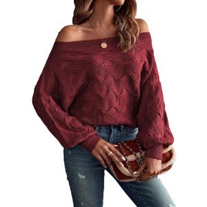 Verdusa Women's Off The Shoulder Knit Sweater Tops Long Sleeve Pullover Sweaters Spring Brunch Outfits (Medium, Burgundy)
