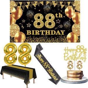 88th Birthday Decorations Men Women with 88th Birthday Banner, Black and Gold Table Cloth, Number Balloons, Sash, Cake Topper and Candles