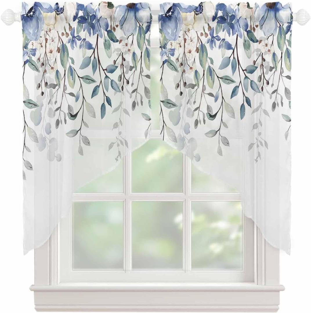 Blue Eucalyptus Leaf Swag Valances for Windows Summer Flowers Leaves Watercolor Semi Sheer Valance Curtains Floral Voile Swags Topper Curtain for Kitchen Living Room Bedroom, 2 Panels, 36x36 Inch