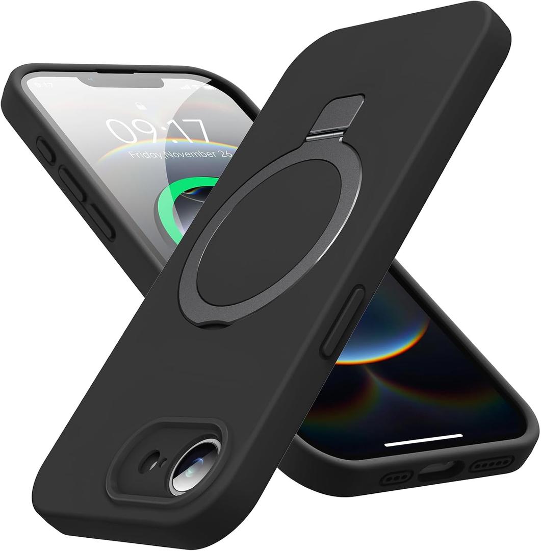 Mag-Ring Designed for iPhone 16E Case, Liquid Silicone [Moisturizing Factor] Extreme Soft Slim Phone Case with Stand [Compatible with MagSafe] for 16E 6.1 inch Men Women Black